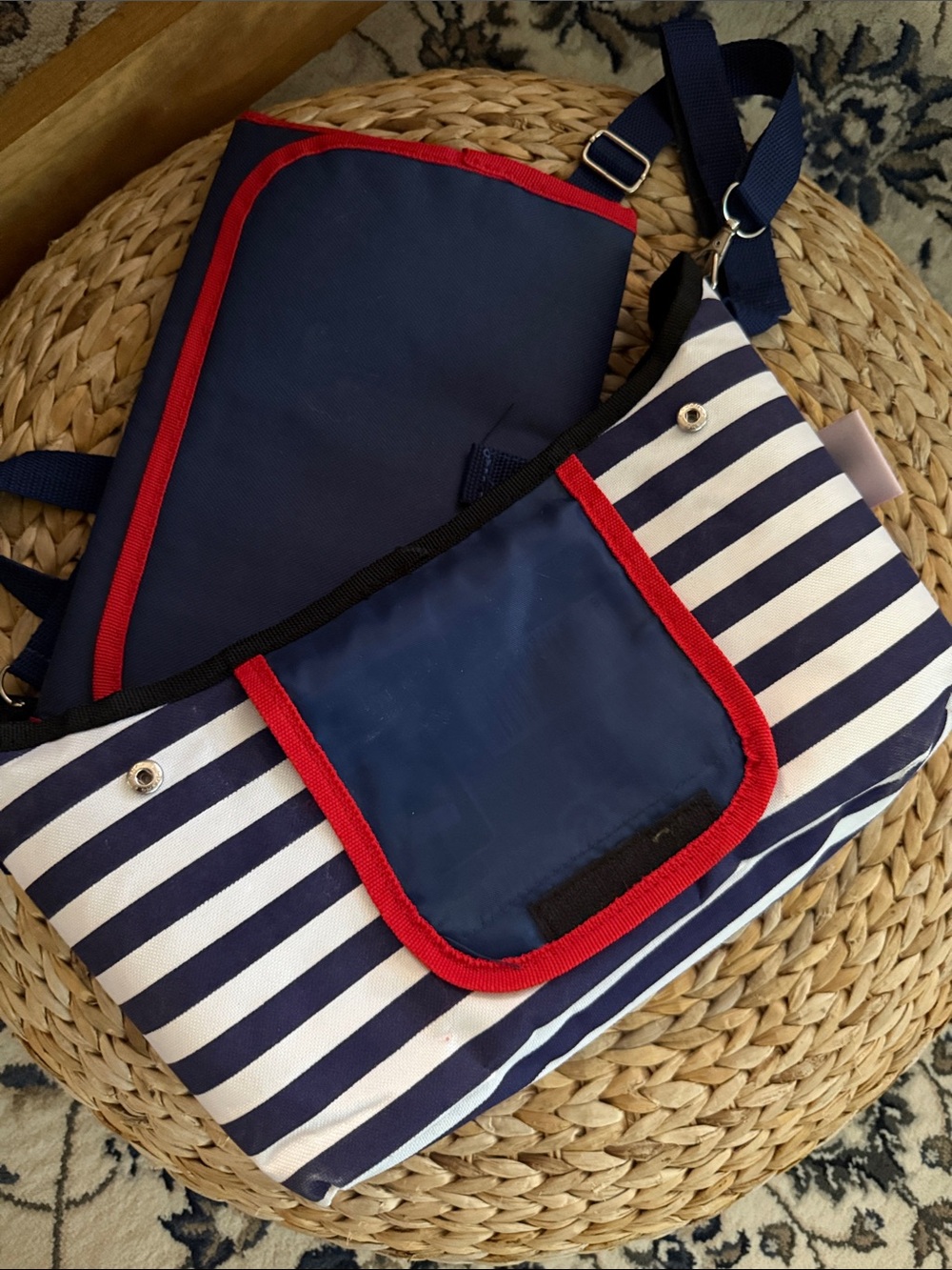 Navy & White Striped Changing Pad and Diaper Bag with Red Trim